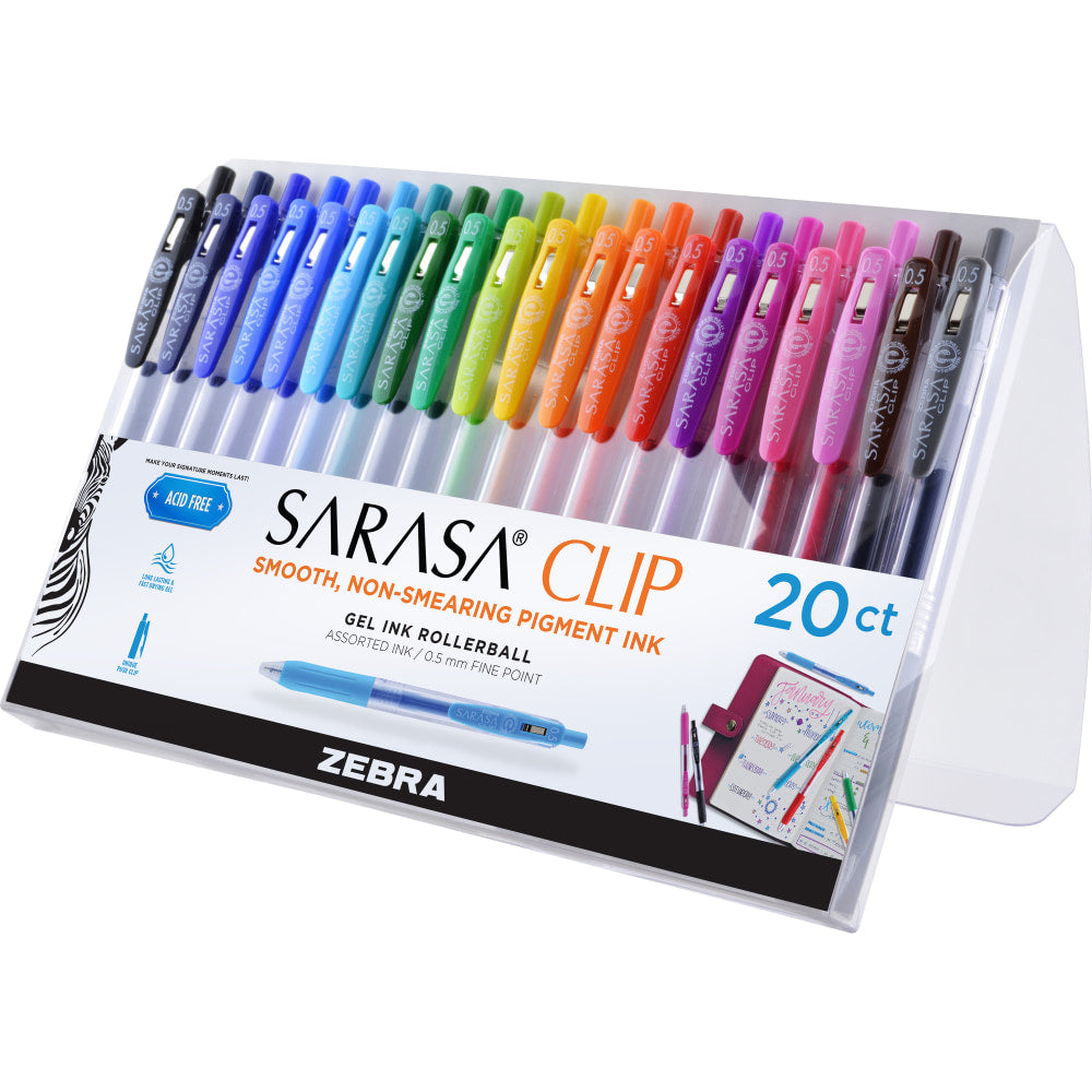 Zebra Pen SARASA Retractable Gel Pens, Pack Of 20, Fine Point, 0.5 mm, Silver Barrel, Black Ink