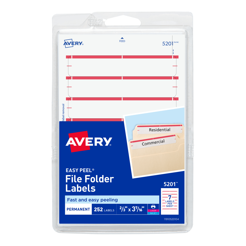 Avery File Folder Labels On 4in x 6in Sheet With Easy Peel, 5201, Rectangle, 2/3in x 3-7/16in, White With Red Color Bar, Pack Of 252 Labels