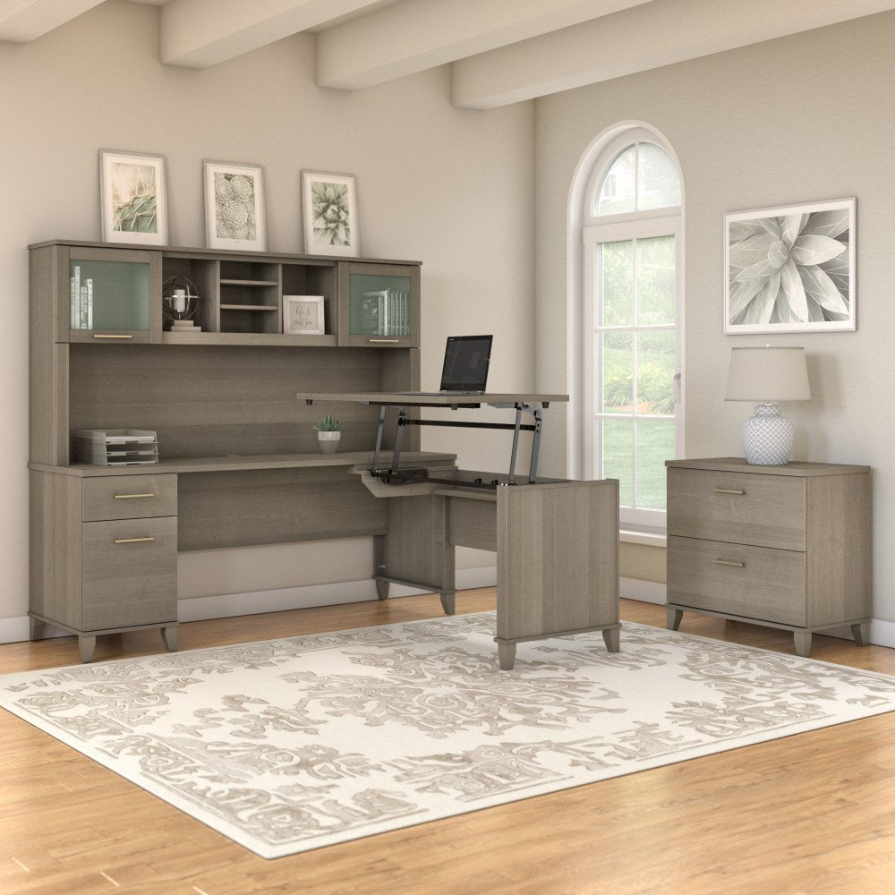 Bush Furniture Somerset 72inW 3 Position Sit to Stand L Shaped Desk With Hutch And File Cabinet, Ash Gray, Standard Delivery