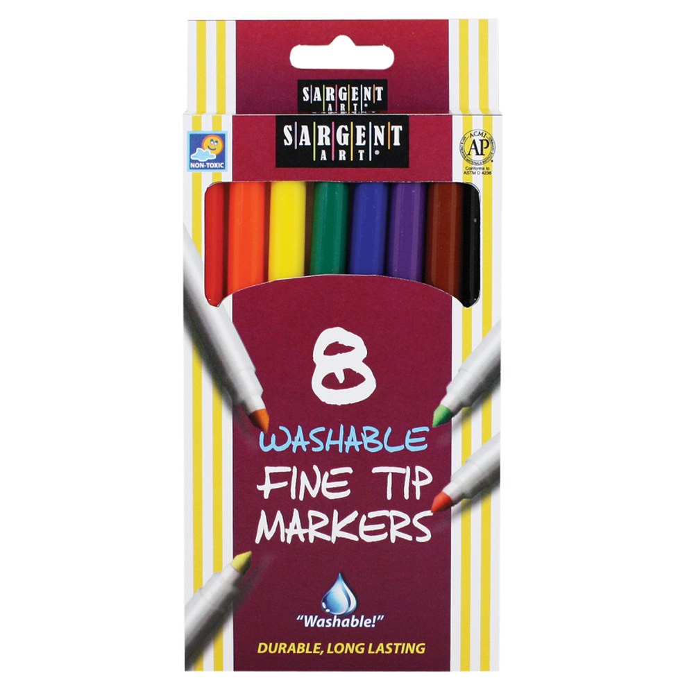 Sargent Art Washable Markers, Fine Tip, Assorted Colors, Box Of 8