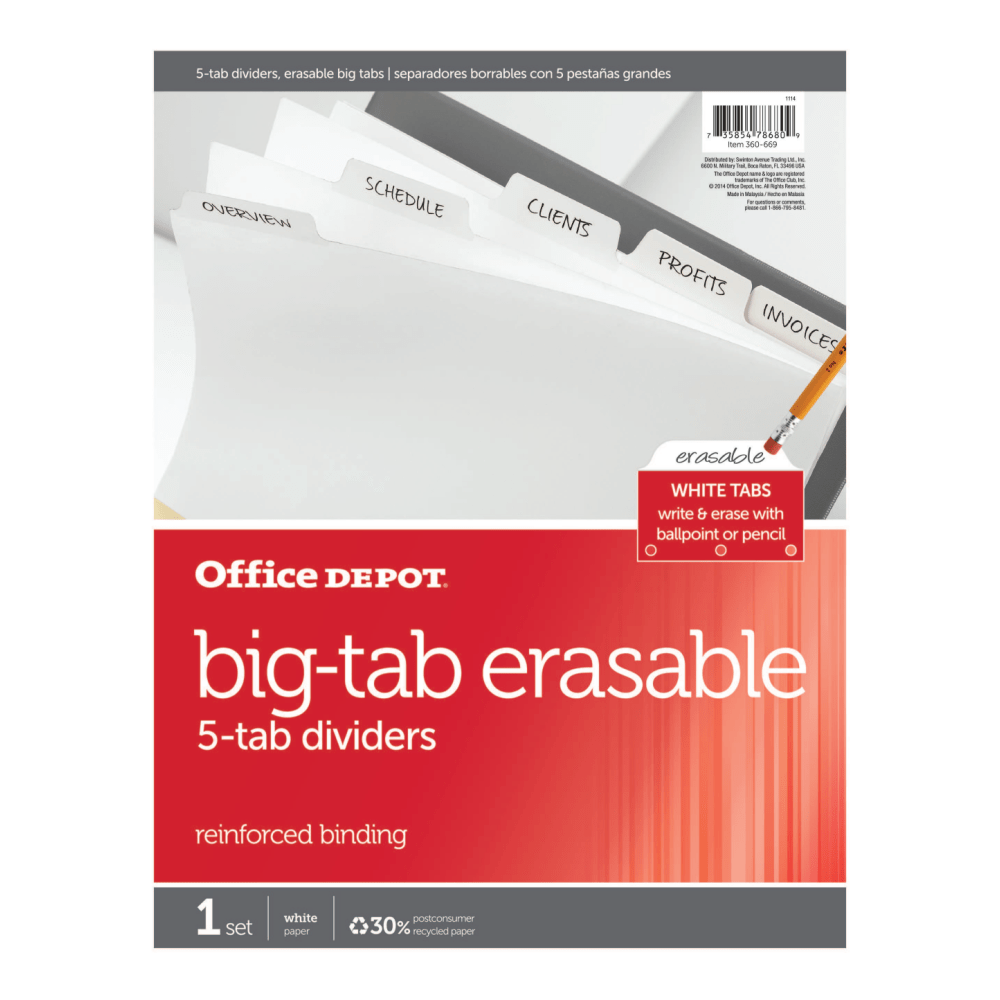 Office Depot Brand 20% Recycled Erasable Big Tab Dividers, 5-Tab, White