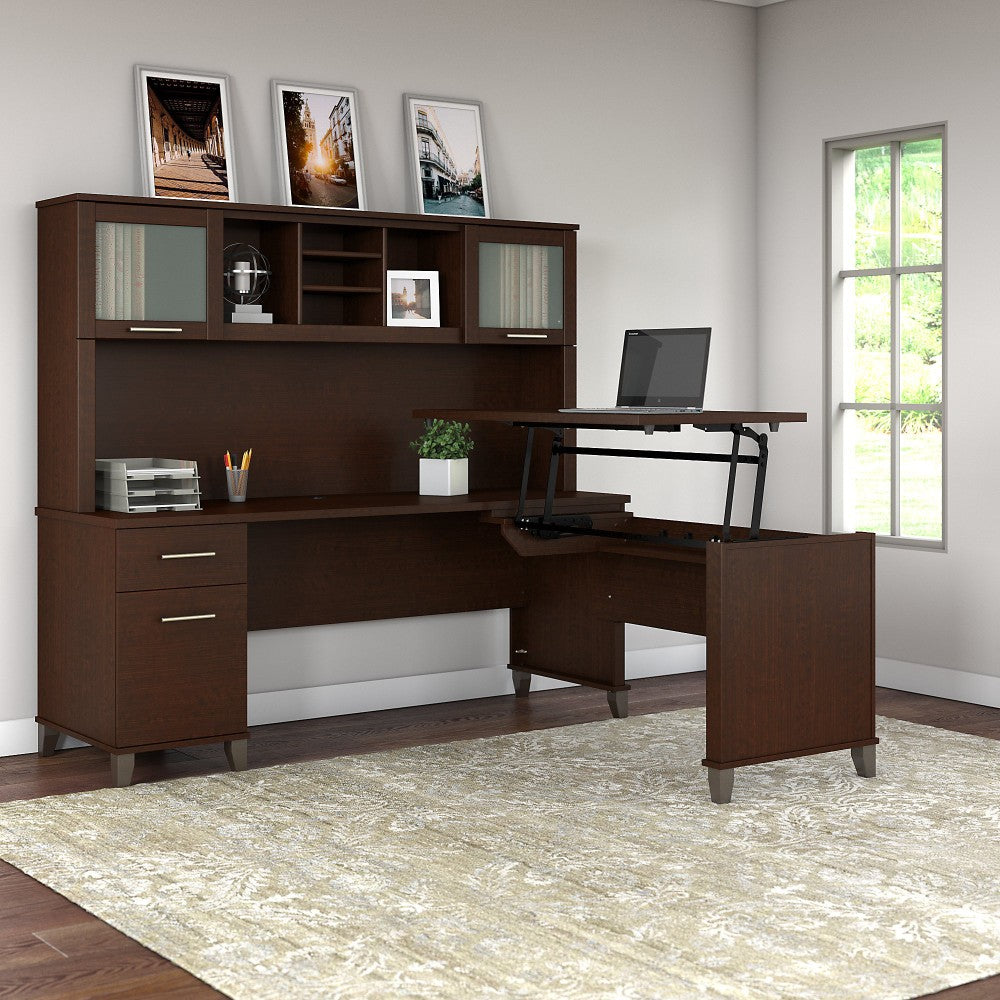 Bush Furniture Somerset 3 Position Sit to Stand L Shaped Desk With Hutch, 72inW, Mocha Cherry, Standard Delivery