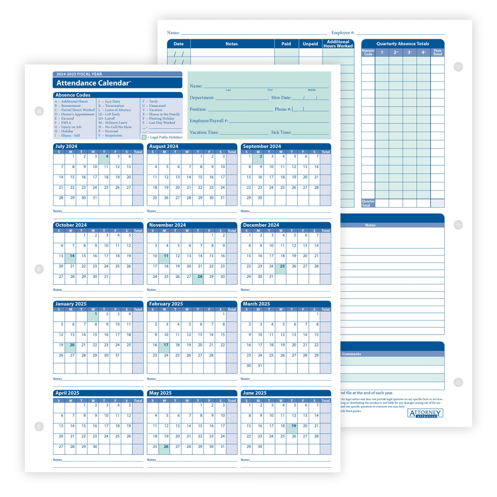 ComplyRight 2024-2025 Fiscal Attendance Calendar, 8 1/2in x 11in, Pack Of 50