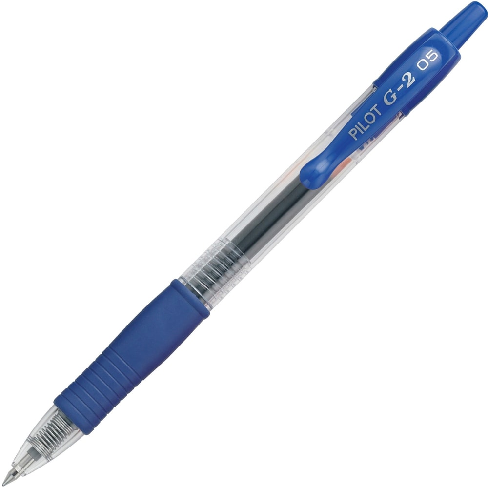 Pilot G2 Retractable Gel Pens, Extra Fine Point, 0.5 mm, Clear Barrels, Blue Ink, Pack Of 12