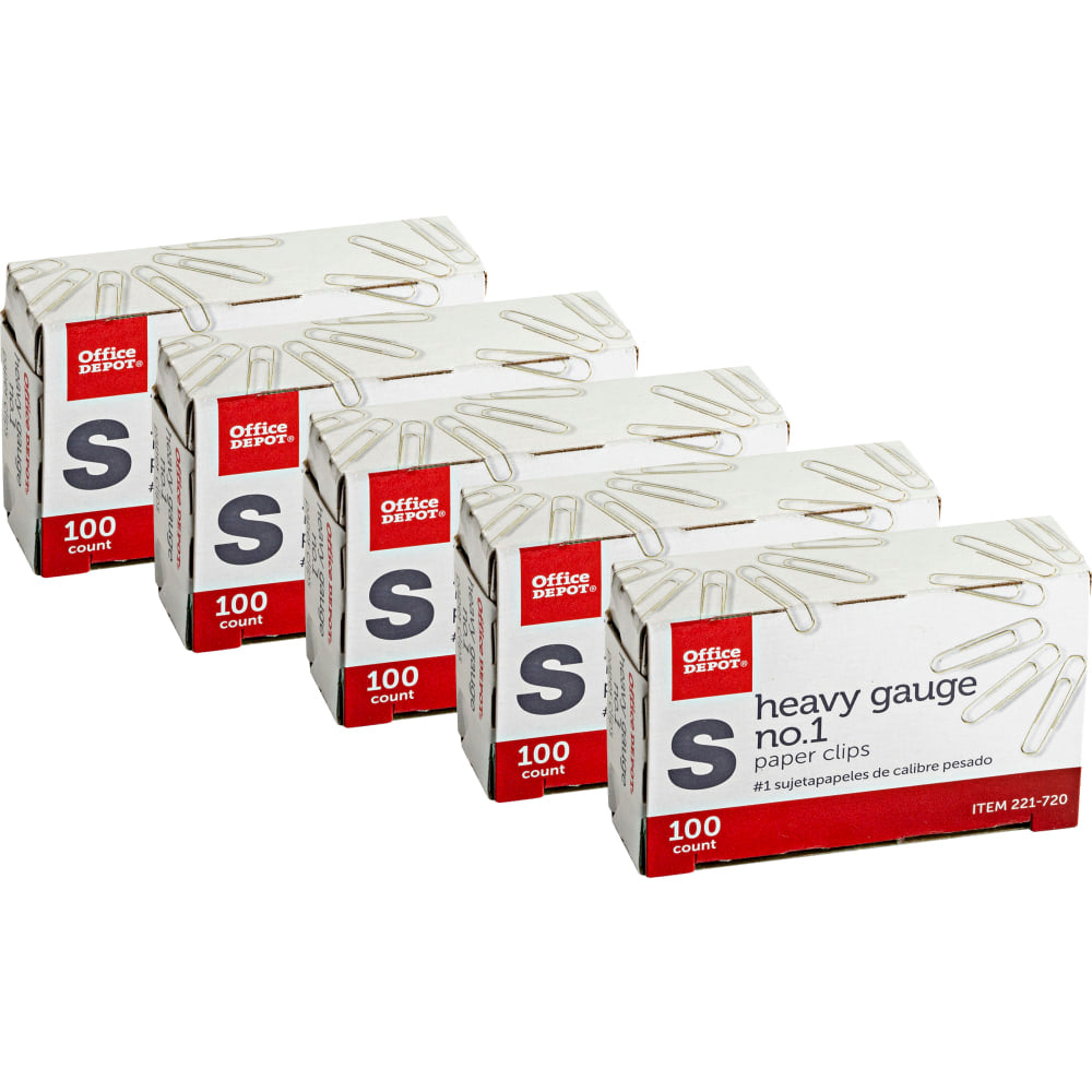 Office Depot Brand Heavy Gauge Paper Clips, No. 1, Small, Silver, Pack Of 5 Boxes, 100 Clips Per Box, 500 Total