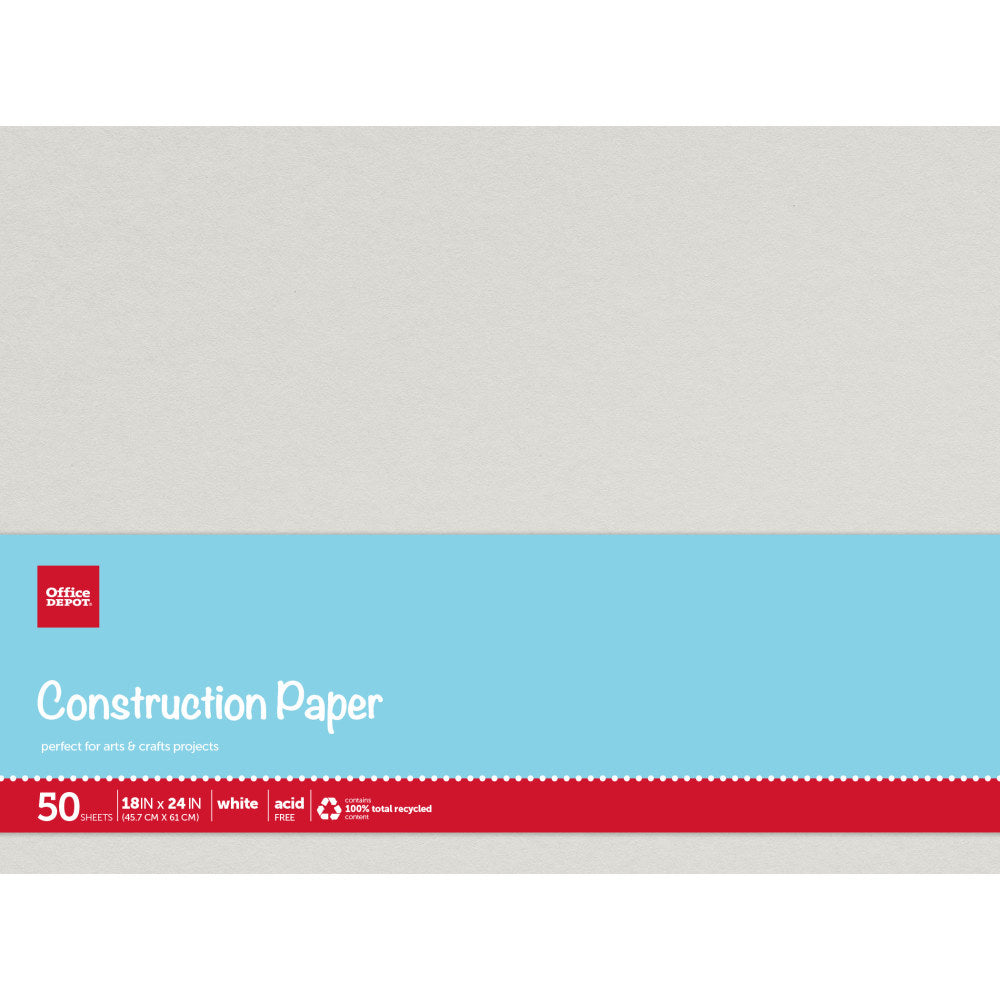 Office Depot Brand Construction Paper, 18in x 24in, 100% Recycled, Stone White, Pack Of 50 Sheets