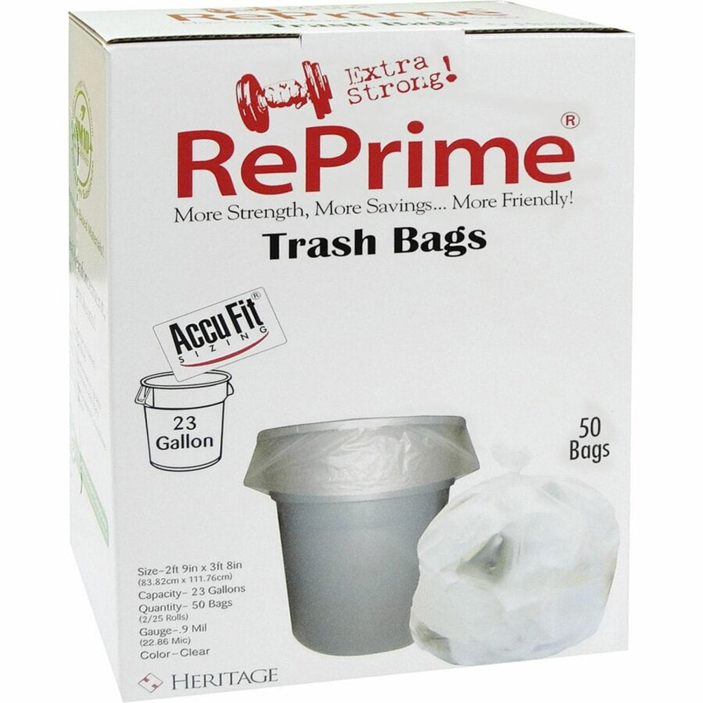 Heritage Accufit RePrime Trash Bags - 23 gal Capacity - 28in Width x 45in Length - 0.90 mil (23 Micron) Thickness - Low Density - Clear - Linear Low-Density Polyethylene (LLDPE) - 6/Carton - 50 Per Box - Waste Disposal, Garbage