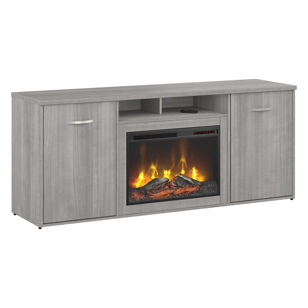 Bush Business Furniture 72inW Office Storage Cabinet With Doors And Electric Fireplace, Platinum Gray, Standard Delivery