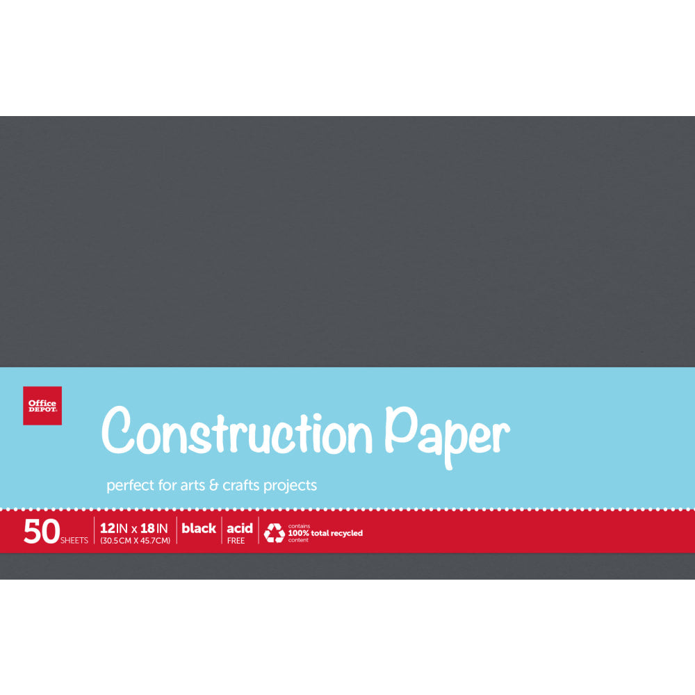 Office Depot Brand Construction Paper, 12in x 18in, 100% Recycled, Black, Pack Of 50 Sheets