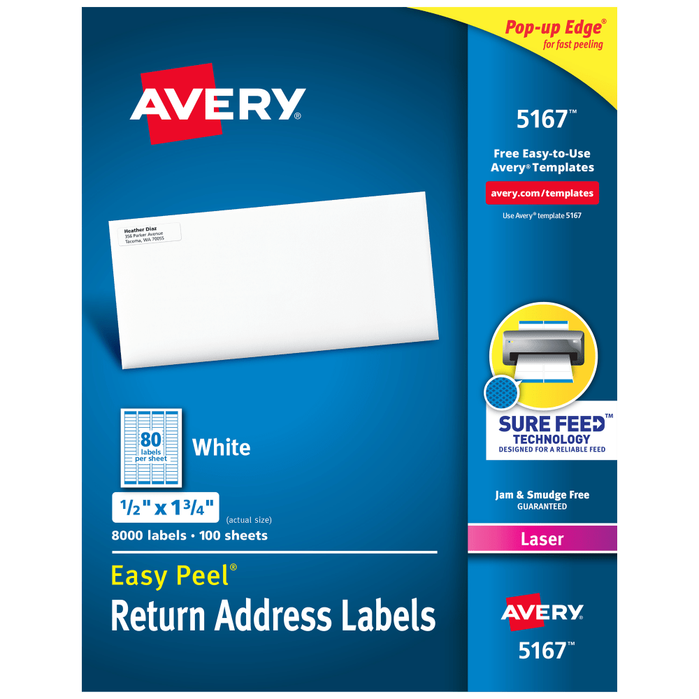 Avery Easy Peel Return Address Labels With Sure Feed Technology, 5167, Rectangle, 1/2in x 1 3/4in, White, Box Of 8,000