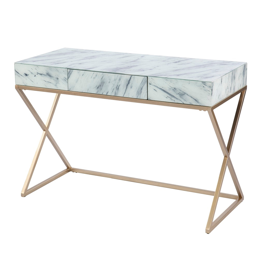 SEI Furniture Kamblemore 45inW Faux Marble Writing Desk With Storage, Gold/Gray/White