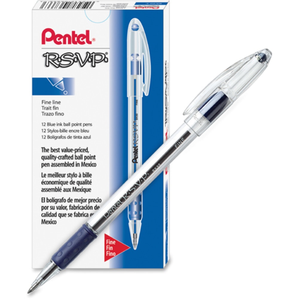 Pentel R.S.V.P. Ballpoint Pens, Fine Point, 0.7 mm, Clear Barrel, Blue Ink, Pack of12