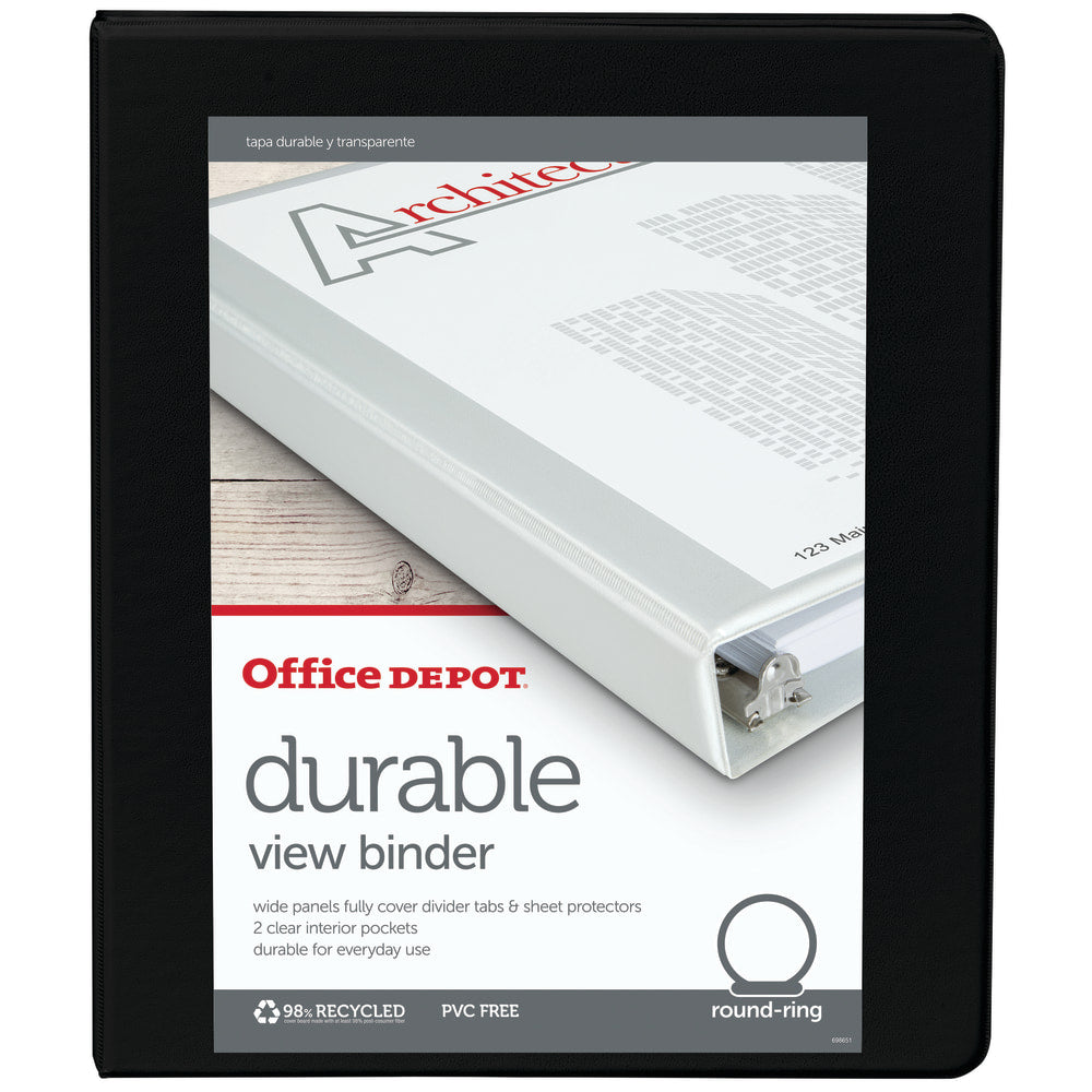 Office Depot Brand Durable View 3-Ring Binder, 1/2in Round Rings, Black