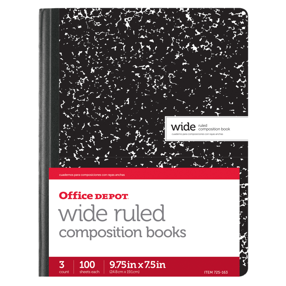 Office Depot Brand Marble Composition Book, 7 1/2in x 9 3/4in, Wide Ruled, 100 Sheets, Black/White, Pack of 3