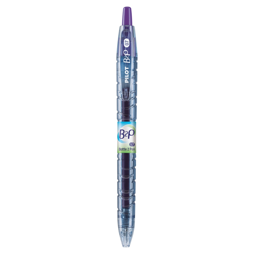 Pilot B2P Retractable Gel Pens, Fine Point, 0.7 mm, 89% Recycled, Purple Barrel, Clear Blue Ink, Pack Of 12