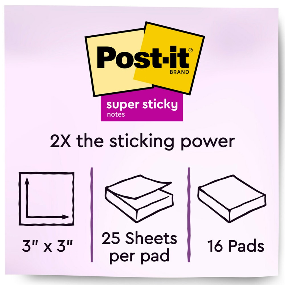 Post-it Super Sticky Full Stick Notes, 3 in x 3 in, Energy Boost Collection, 25 Sheets Per Pad, Pack Of 16 Pads