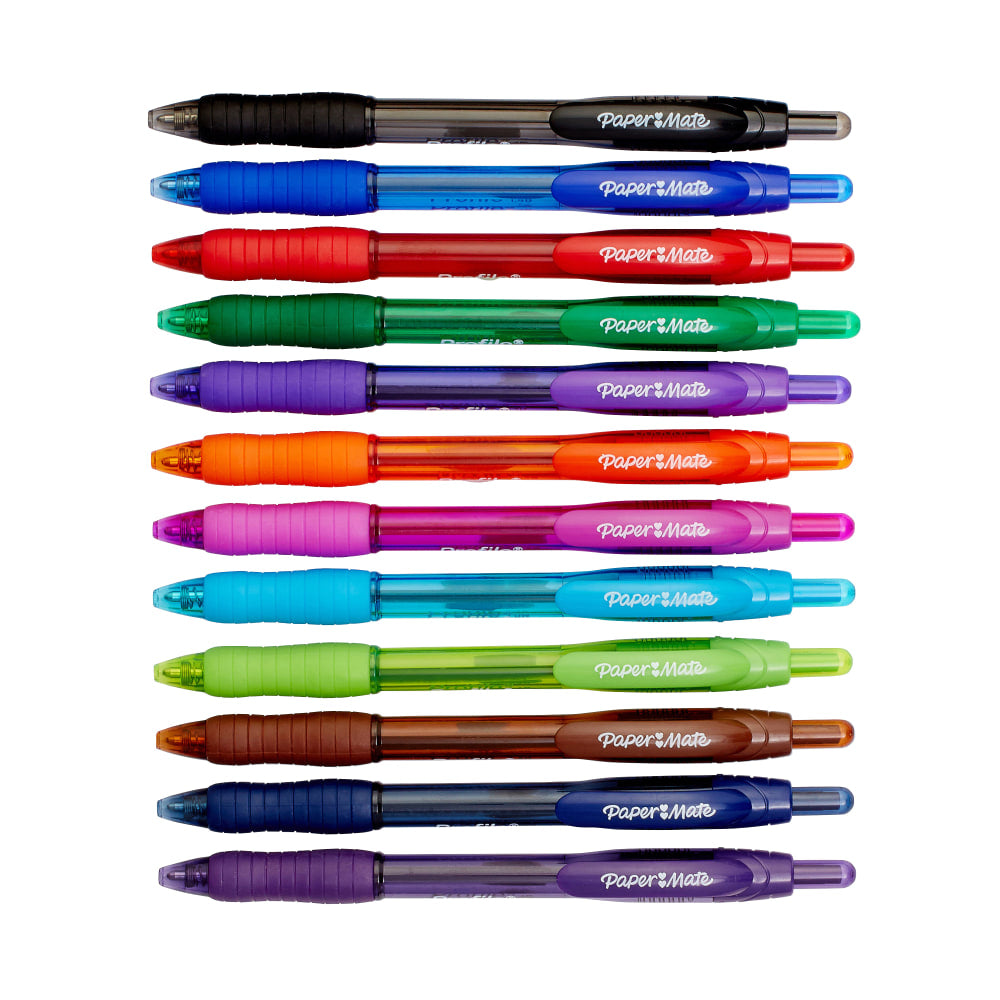 Paper Mate Profile Retractable Ballpoint Pens, Bold Point, 1.4 mm, Assorted Barrels, Assorted Ink Colors, Pack Of 12