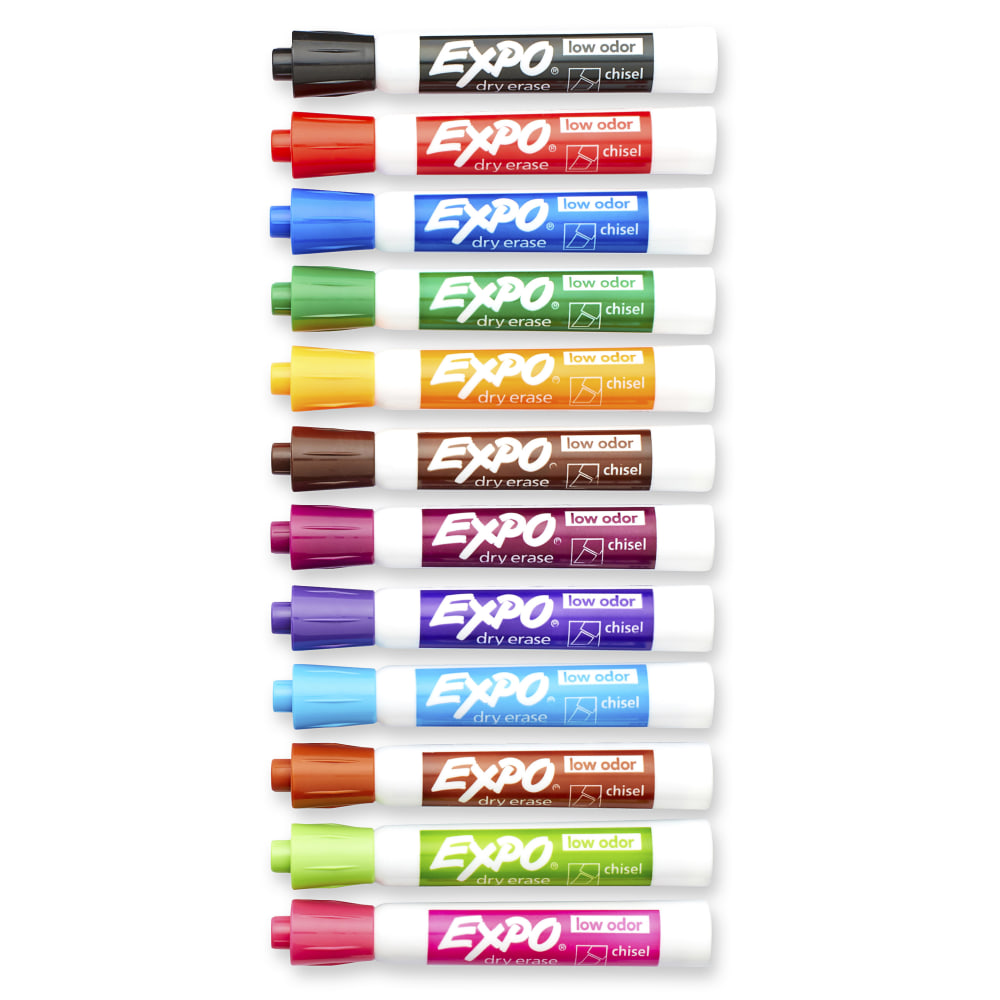 EXPO Low-Odor Dry-Erase Markers, Chisel Point, Assorted Colors, Pack Of 12, Carded Packaging