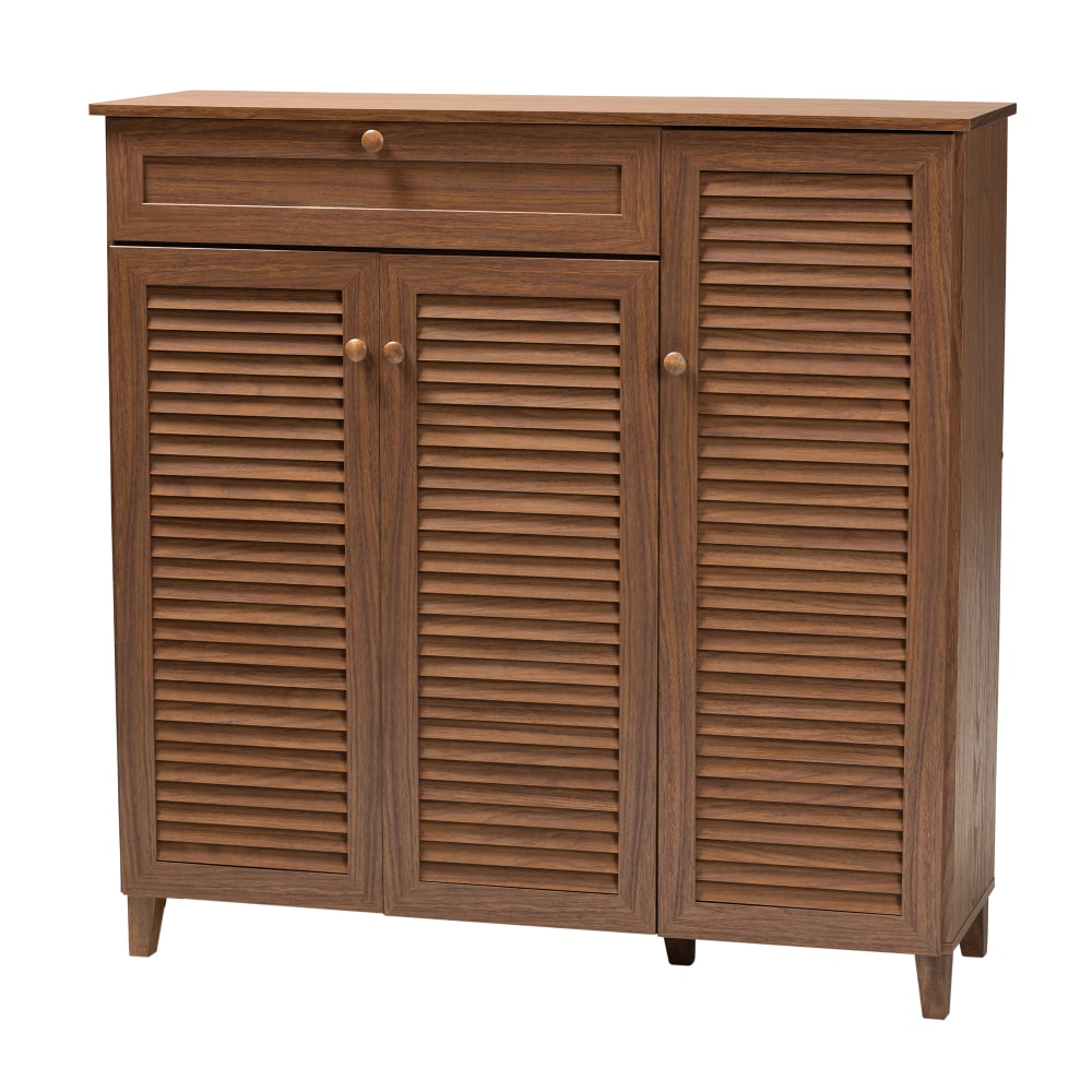 Baxton Studio Coolidge Finished 11-Shelf Wood Shoe Storage Cabinet With Drawer, Walnut