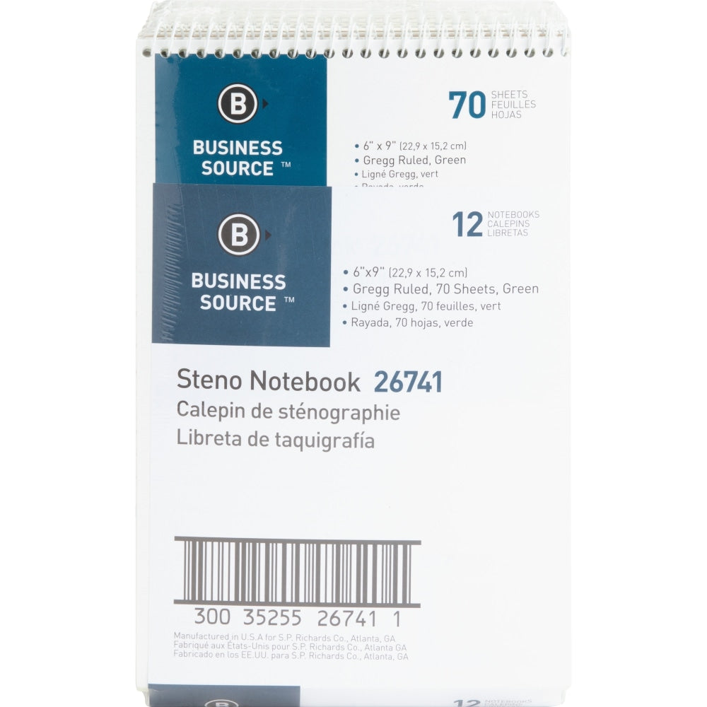 Business Source Wirebound Steno Notebook - 70 Sheets - Wire Bound - 15 lb Basis Weight - 6in x 9in - Green Paper - 12 / Pack