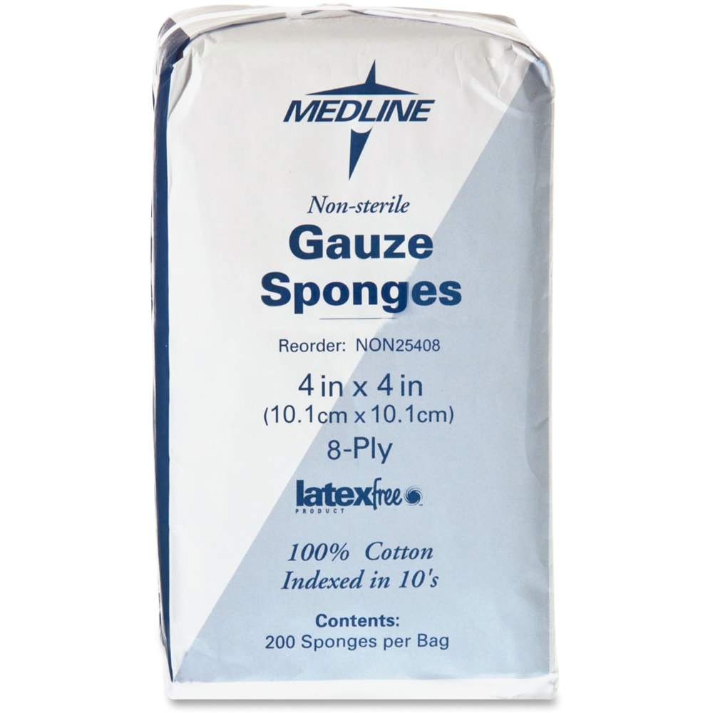 Medline Gauze Sponges, Nonsterile, 4in x 4in, 8-Ply, Box Of 200