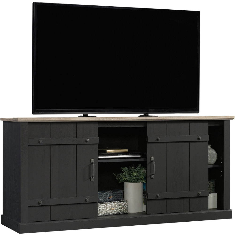 Sauder Select Farmhouse Entertainment Credenza With Sliding Doors For 70in TVs, Raven Oak/Lintel Oak