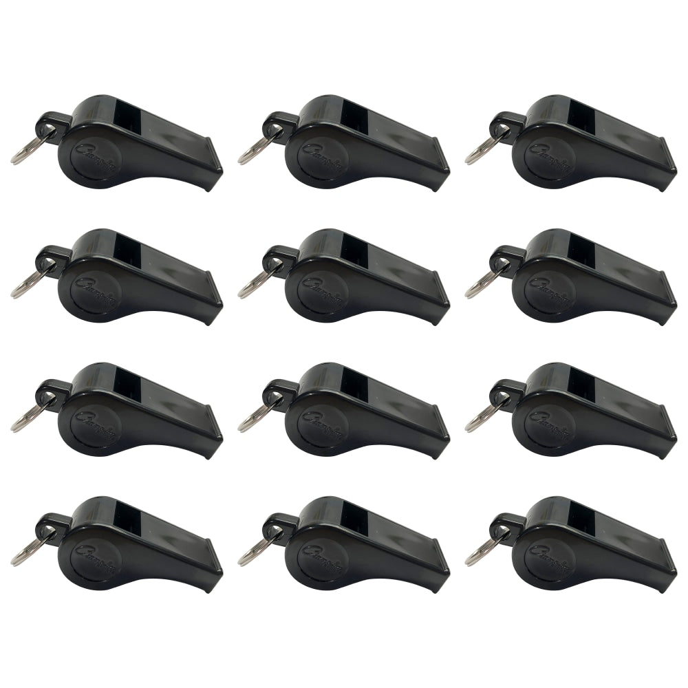 Champion Sports Plastic Whistles, 3/4inH x 2inW x 5/8inD, Black, 12 Whistles Per Pack, Set Of 3 Packs