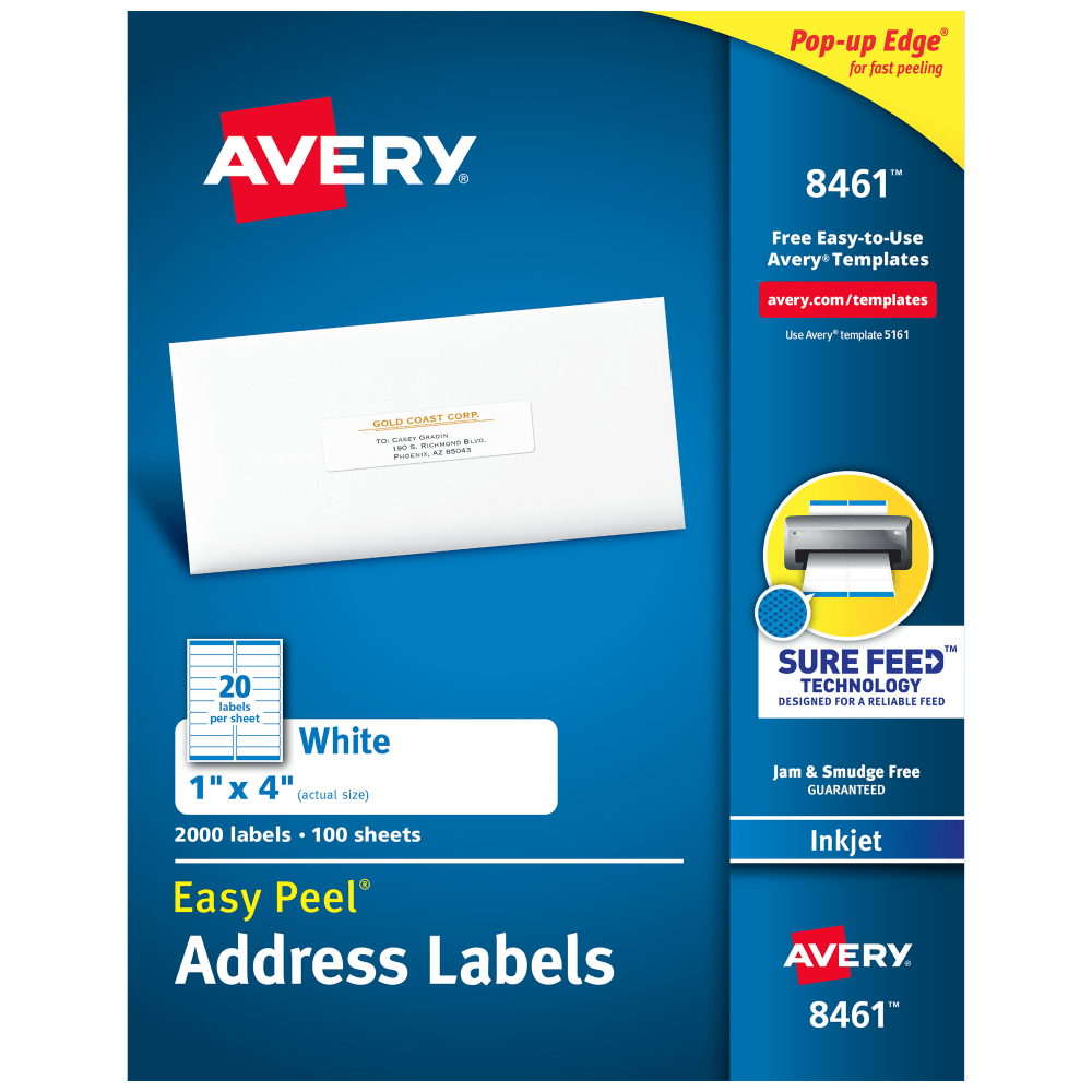 Avery Easy Peel Address Labels With Sure Feed Technology, 8461, Rectangle, 1in x 4in, White, Box Of 2,000