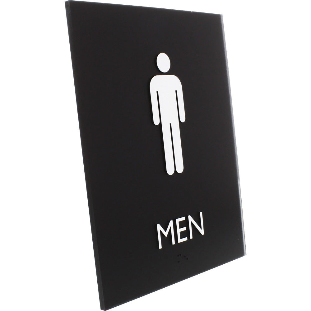 Lorell Mens Restroom Sign - 1 Each - Men Print/Message - 6.4in Width x 8.5in Height - Rectangular Shape - Surface-mountable - Easy Readability, Braille - Plastic - Black