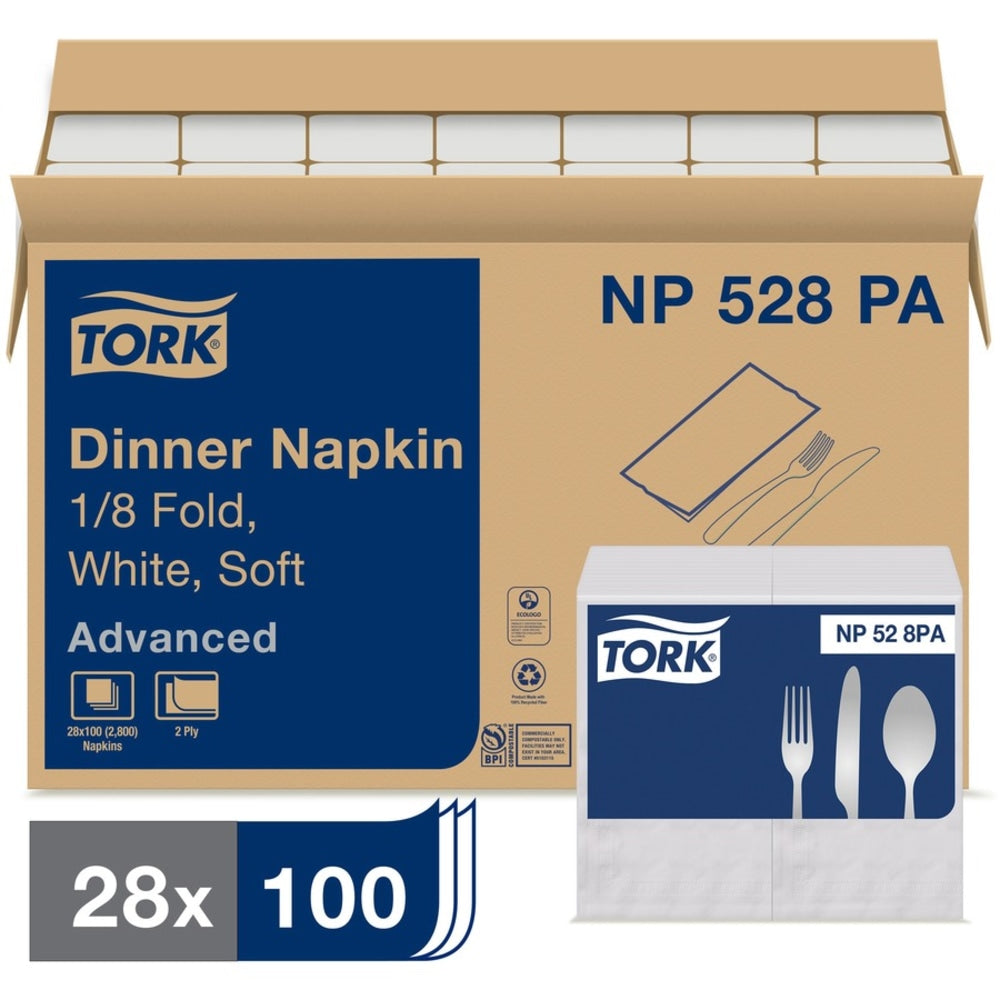 TORK White Soft Dinner Napkin - 1/8 Fold - 2 Ply - Tall Fold - 16.75in x 15in - White - 28 / Carton