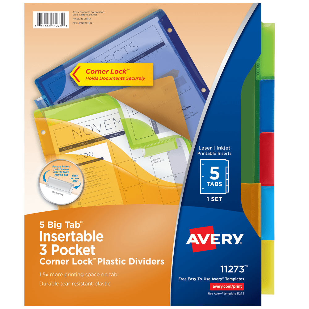 Avery Dividers for 3 Ring Binders, 5-Tab Binder Dividers, Three-Pocket Plastic Binder Dividers with Corner Lock, Insertable Big Tab, Multicolor, 1 Set (11273)