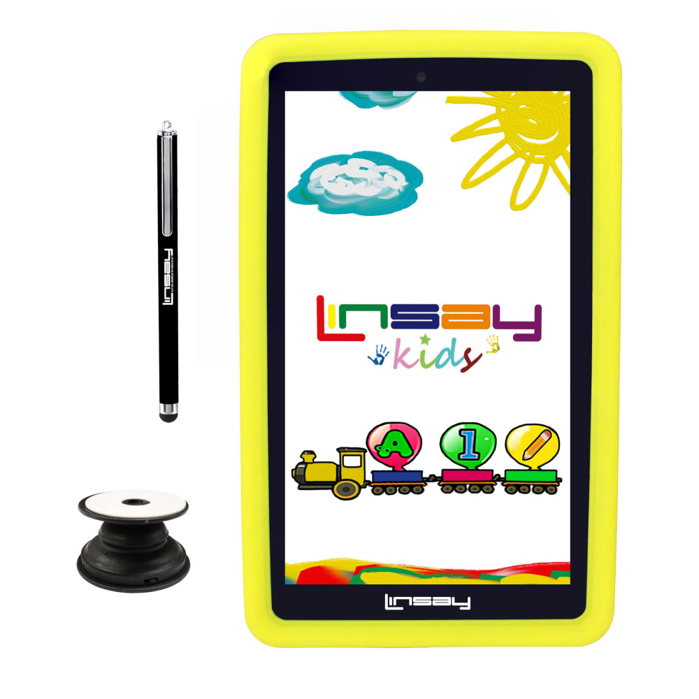 Linsay F7 Tablet, 7in Screen, 2GB Memory, 64GB Storage, Android 13, Kids Yellow/Bag