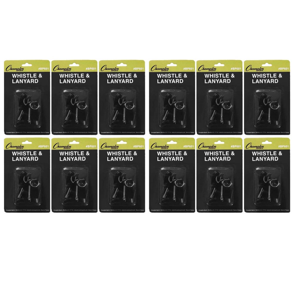 Champion Sports Plastic Whistle & Lanyard Packs, 13/16inH x 13/16inW x 2inD, Black, Set Of 12 Packs