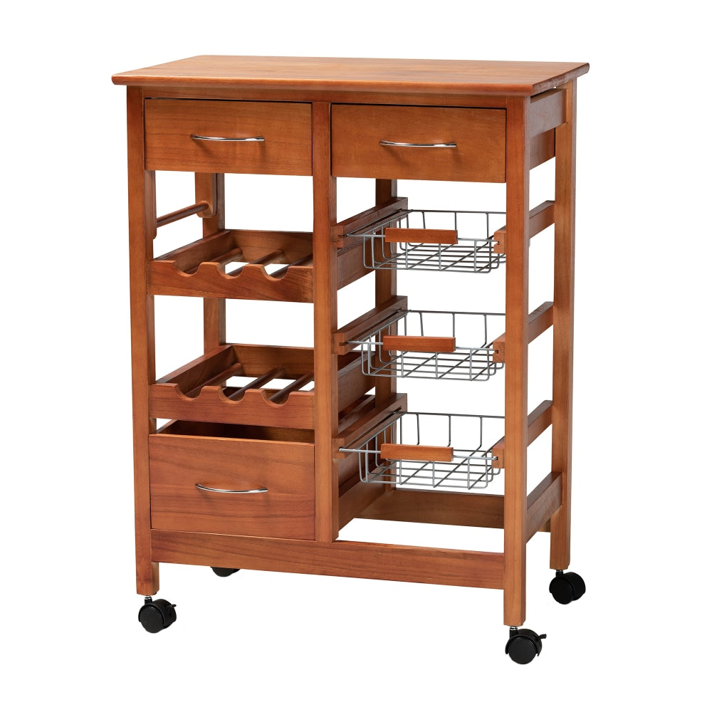 Baxton Studio Crayton Mobile Kitchen Storage Cart, 31-1/2inH x 23-5/8inW, Oak Brown/Silver