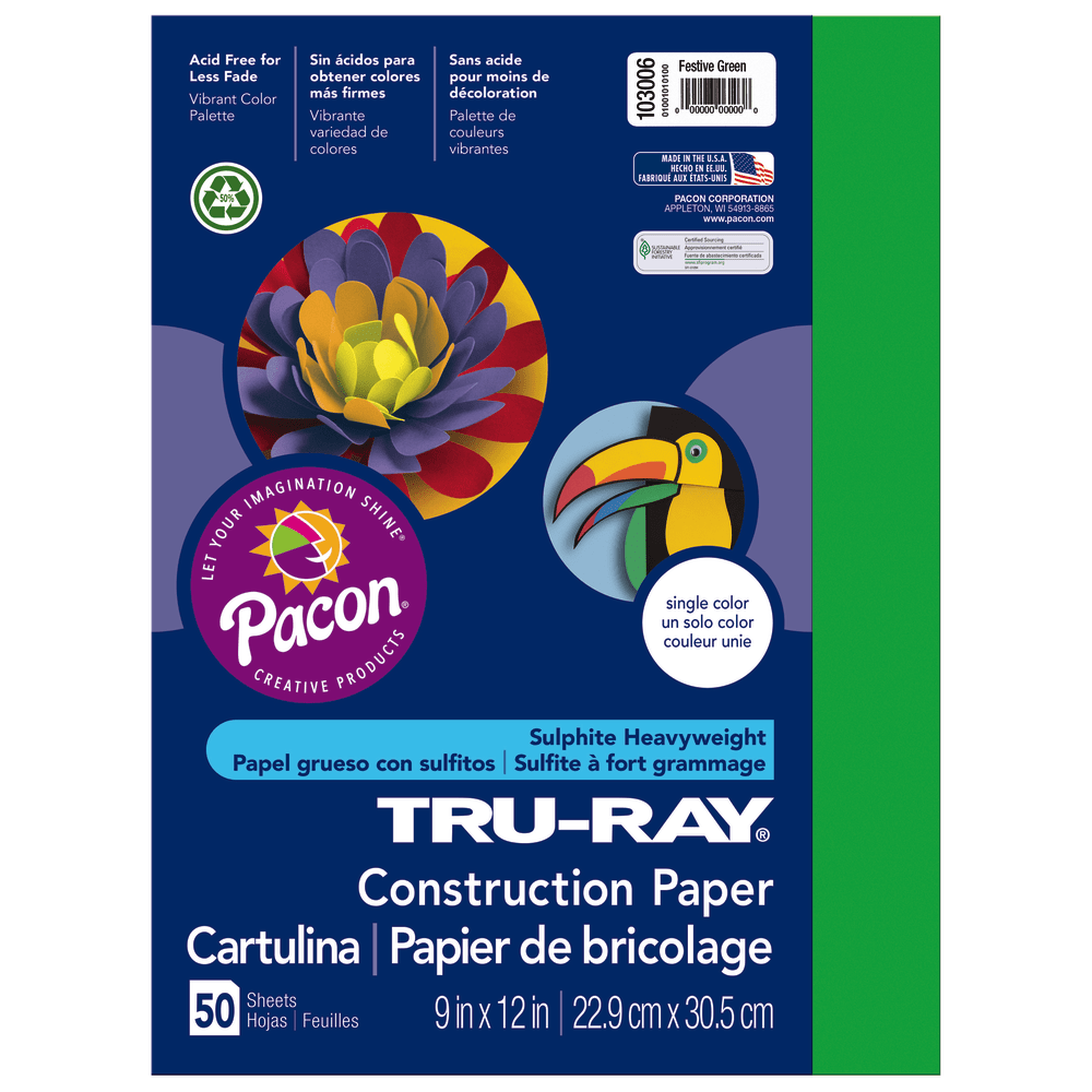 Tru-Ray Construction Paper, 50% Recycled, 9in x 12in, Festive Green, Pack Of 50