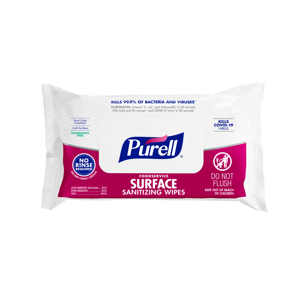 Purell Foodservice Surface Sanitizing Wipes, Fragrance Free, 7-7/16in x 9in, White, Flowpack Of 72 Wipes