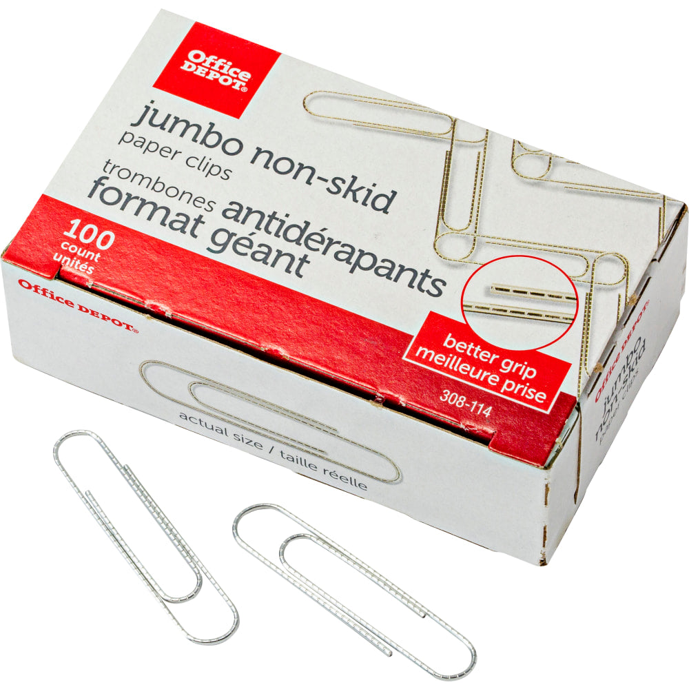 Office Depot Brand Non-Skid Paper Clips, Jumbo, Silver, Pack Of 10 Boxes, 100 Clips Per Box, 1,000 Total