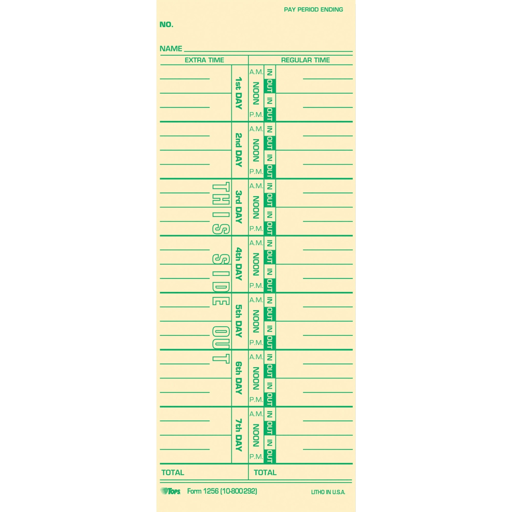 TOPS Numbered Days Time Cards - 3 1/2in x 9in Sheet Size - Yellow - Manila Sheet(s) - Green Print Color - 100 / Pack