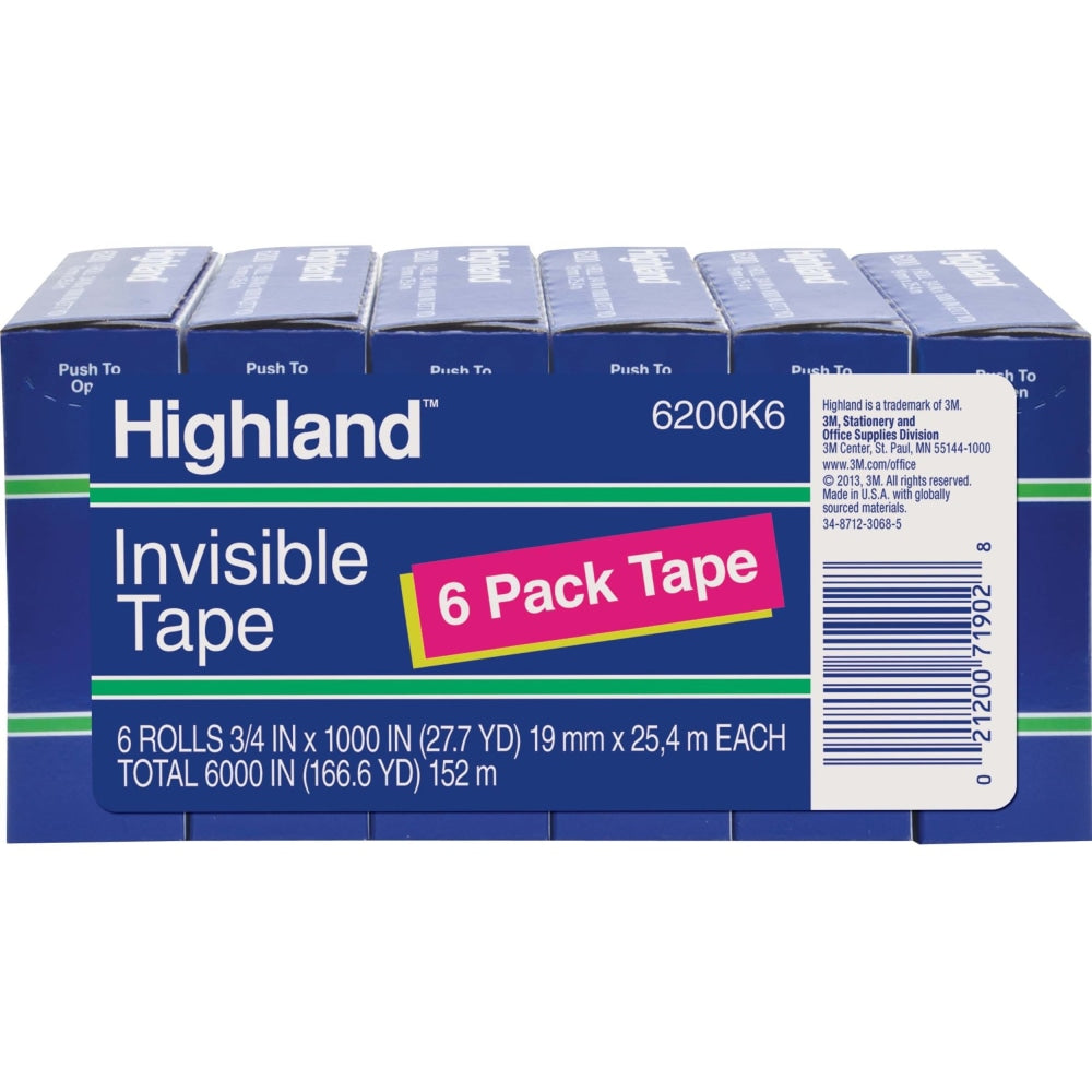 Highland 3/4inW Matte-finish Invisible Tape - 27.78 yd Length x 0.75in Width - 1in Core - For Mending, Holding, Splicing - 6 / Pack - Matte - Clear