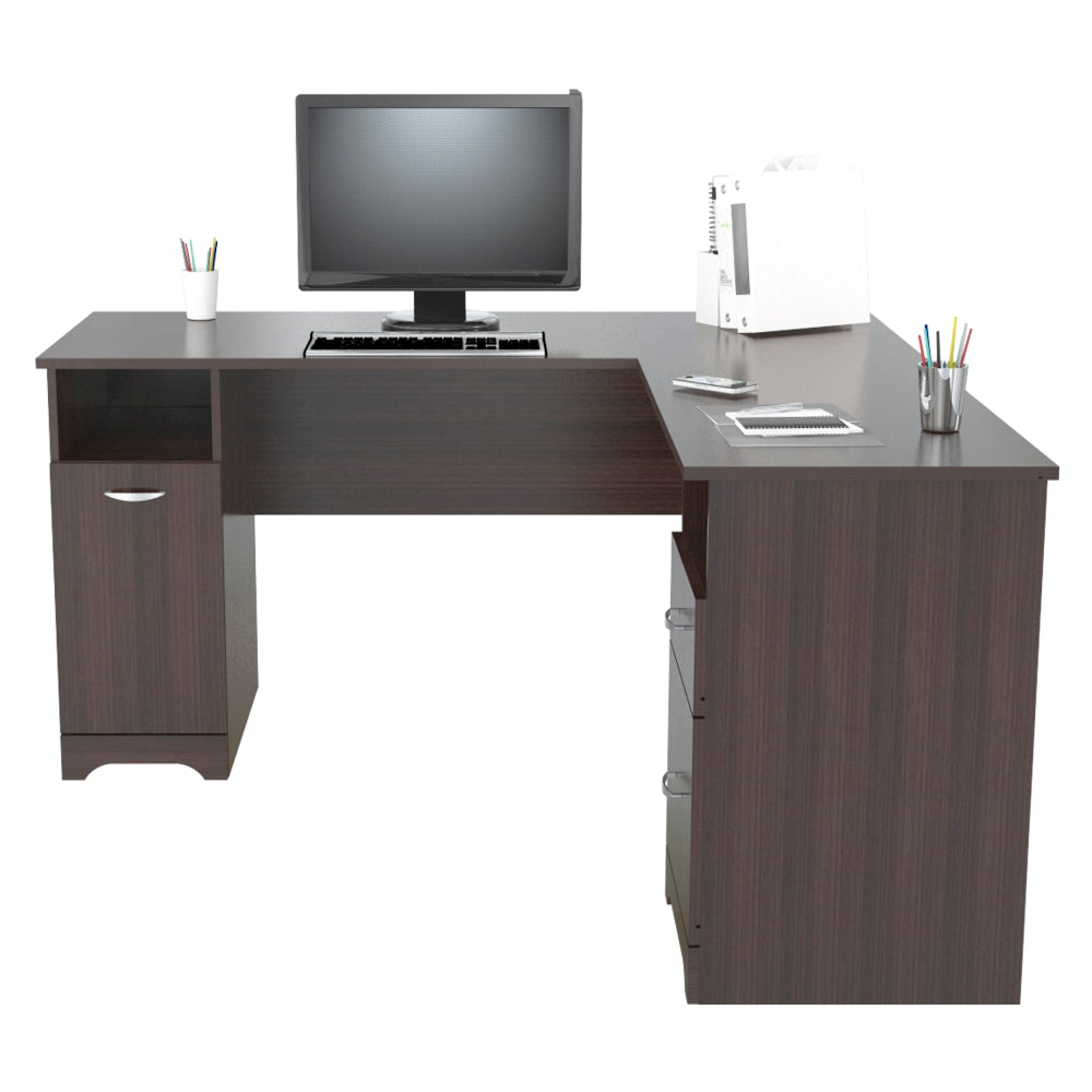 Inval 59inW L-Shaped 2-Drawer Corner Desk, Espresso