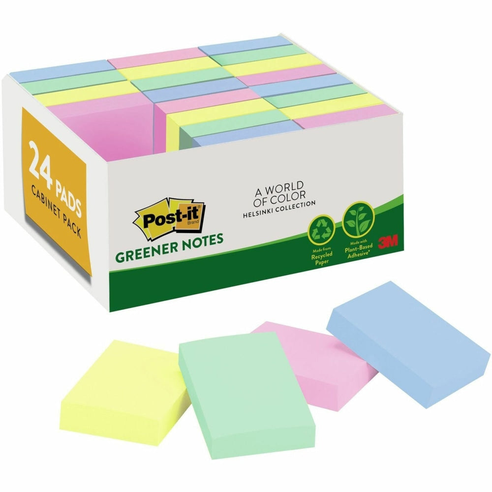 Post-it Greener Notes Value Pack - Beachside Cafe Color Collection - 1 1/2in x 2in - Rectangle - Positively Pink, Canary Yellow, Fresh Mint, Moonstone - Paper - Self-stick, Removable, Recyclable, Residue-free, Eco-friendly - 24 / Pack - Recycled