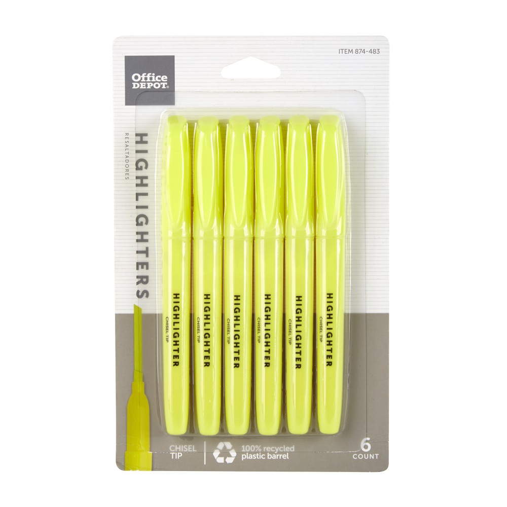 Office Depot Brand Pen-Style Highlighters, Chisel Point, 100% Recycled Plastic Barrel, Fluorescent Yellow, Pack Of 6