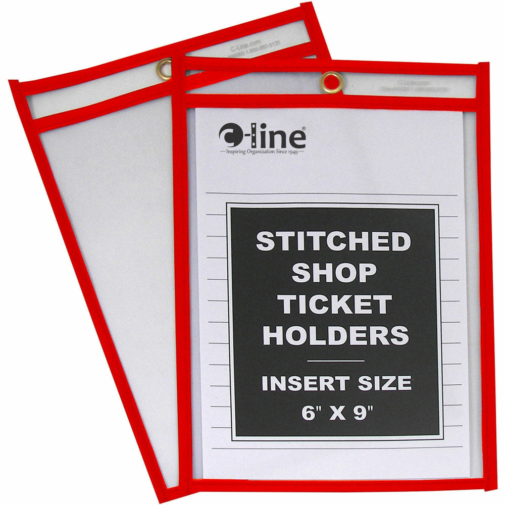 C-Line Hanging Strap Shop Ticket Holder - Support 6in x 9in Media - 25 / Box - Red, Clear