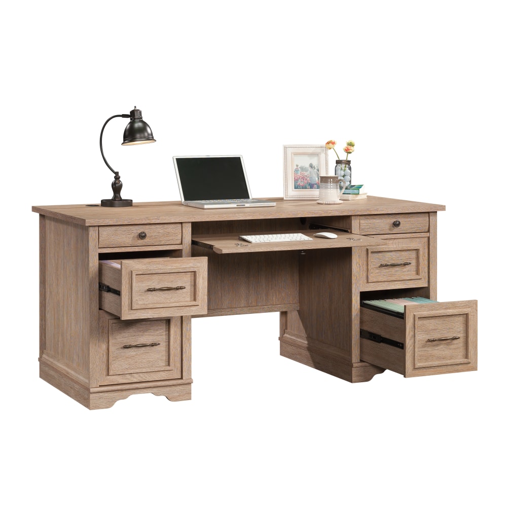 Sauder Rollingwood 66inW Double-Pedestal Executive Computer Desk With Filing Drawers, Brushed Oak