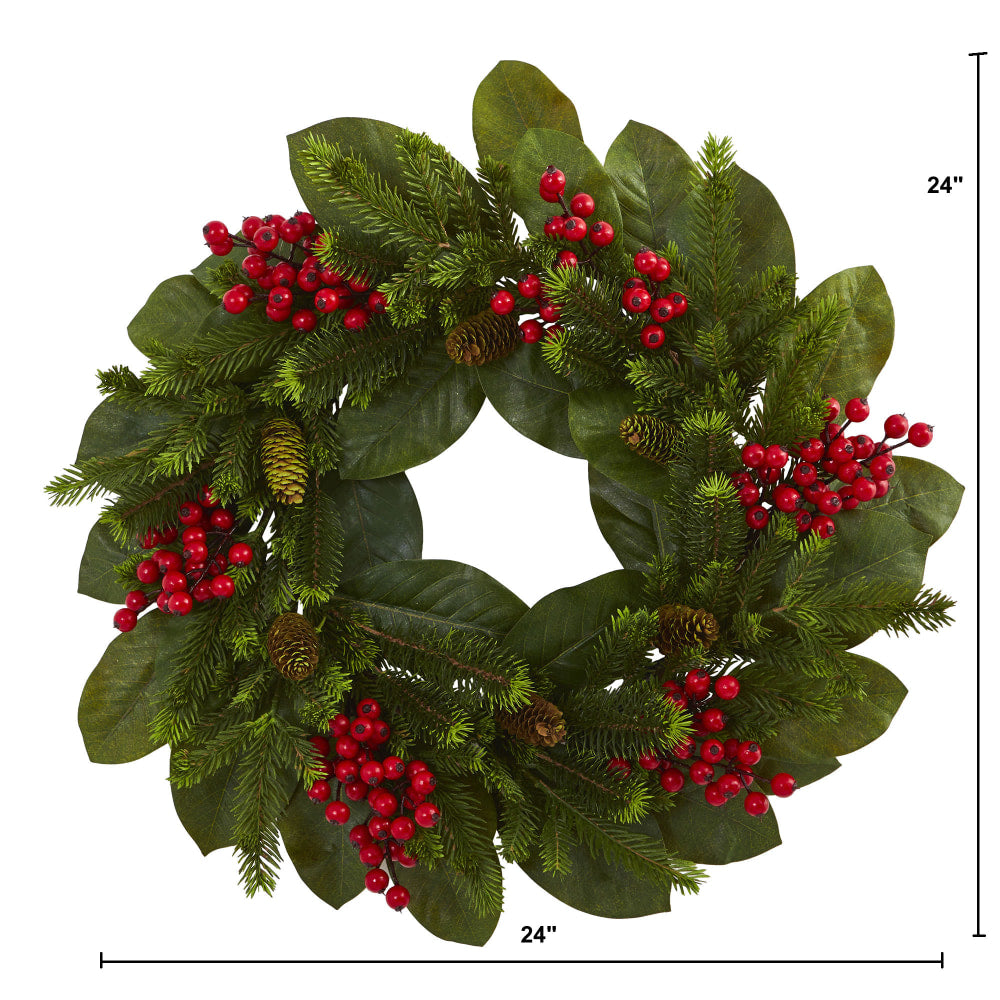 Nearly Natural 24inH Magnolia Leaf, Berry And Pine Artificial Wreath, 24in x 24in, Green