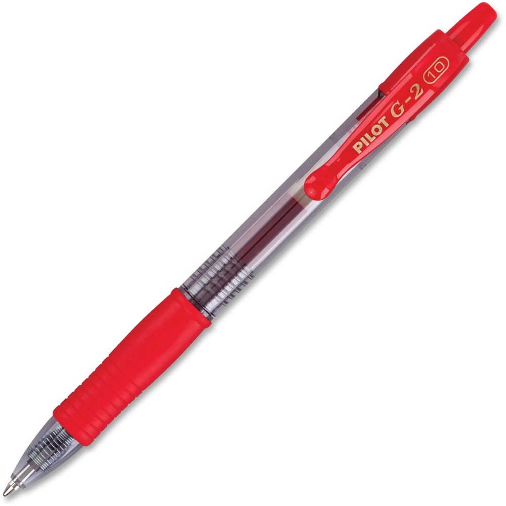 Pilot G2 Retractable Gel Pens, Bold Point, 1.0 mm, Clear Barrels, Red Ink, Pack Of 12