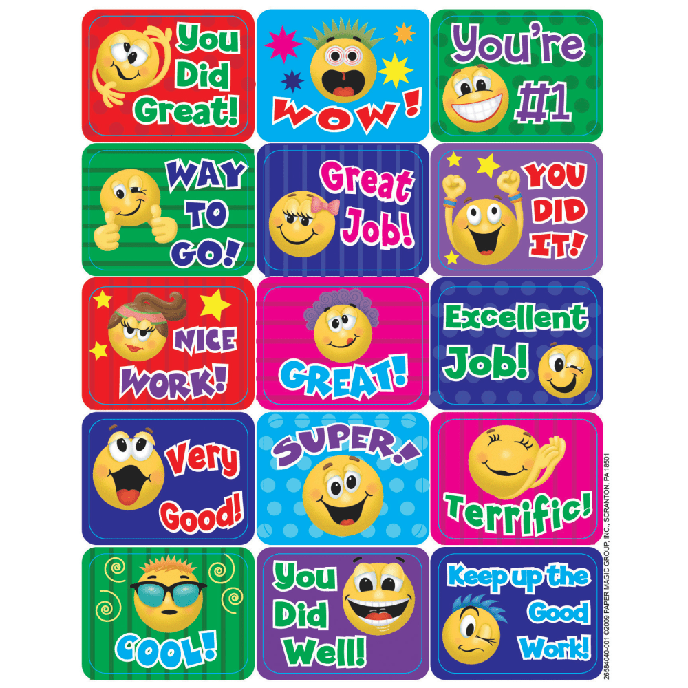 Eureka Success Stickers, Emoticons, 120 Stickers Per Pack, Set Of 12 Packs