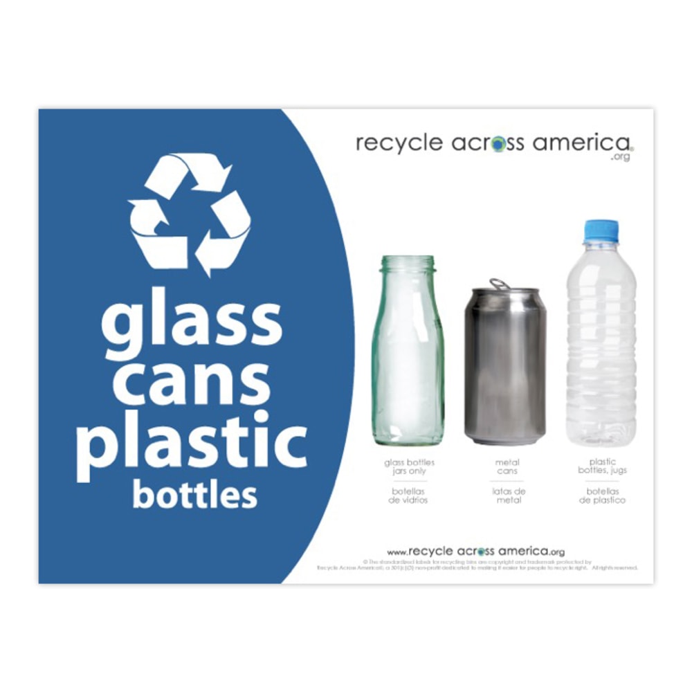 Recycle Across America Glass, GCP-8511, Cans And Plastics Standardized Recycling Label, 8 1/2in x 11in, Blue