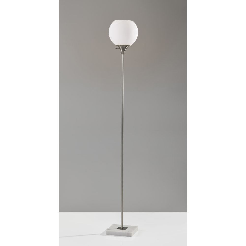 Adesso Fiona Torchiere, 71inH, White Opal Shade/Brushed Steel And White Marble Base