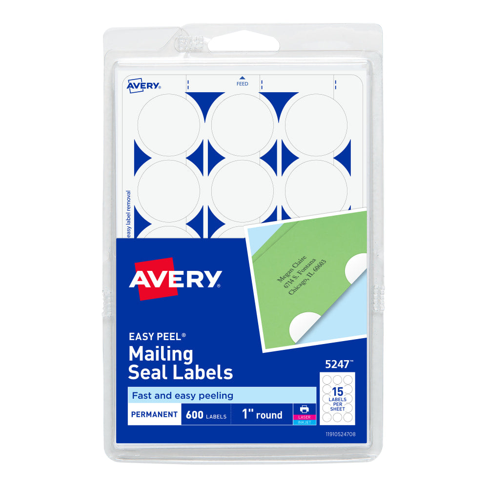 Avery Permanent Mailing Seals, 5247, Round, 1in Diameter, Pack Of 600